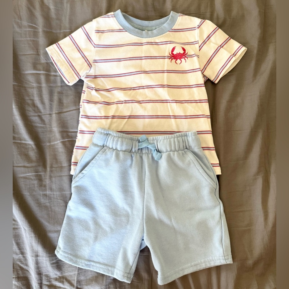 Kids 2pc Set -Striped Crab T-Shirt and Light Blue Shorts Size 3T